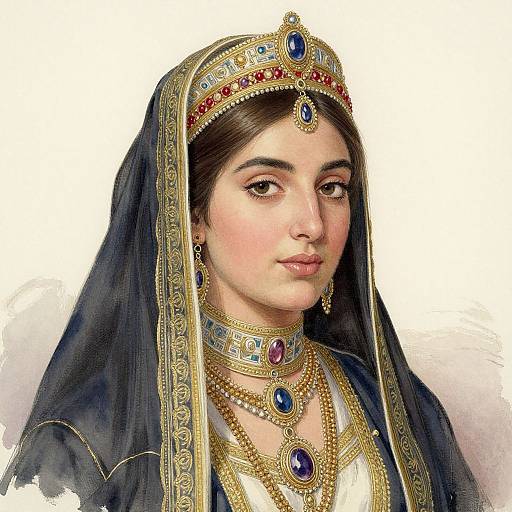 Digital painting of a regal woman with dark hair, wearing an ornate gold headpiece, blue veil, and multiple jeweled necklaces, with
