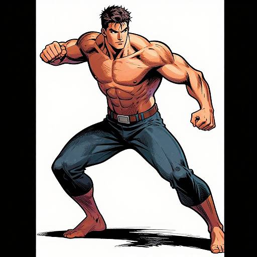 Muscular, shirtless man with short black hair, blue pants, and belt, in a powerful fighting stance, digital comic art style.