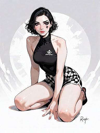 Chic Woman in Black Halter Top and Checkered Shorts