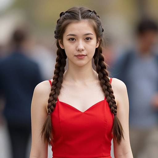 Photograph of an East Asian woman with long black braids, wearing a vibrant red V-neck dress, standing outdoors with a blurred background.