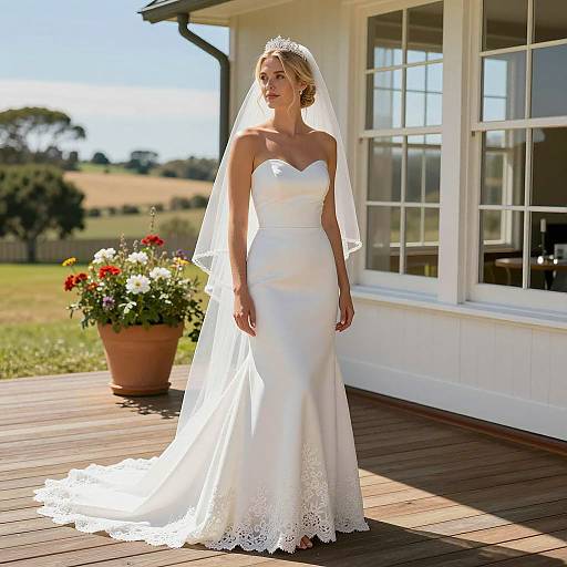 Bride in White Strapless Wedding Dress on Patio
