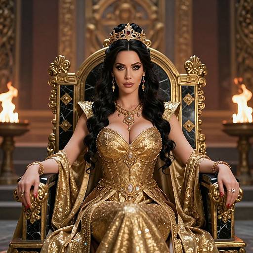 Digital artwork of a regal woman with long black hair, wearing a gold, intricately detailed gown and crown, seated on an ornate throne in