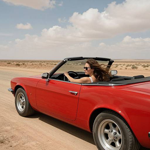 Woman Driving Red Vintage Convertible