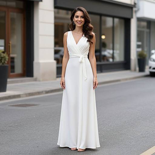 Photograph of a smiling woman with long dark hair, wearing a sleeveless white V-neck maxi dress, standing on a city street.