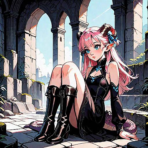 Anime Girl with Pink Hair in Castle Ruins