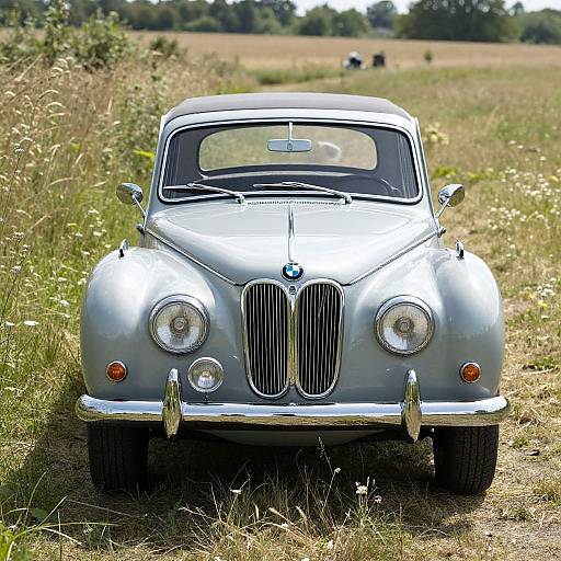 Photograph of a vintage silver BMW car parked on a grassy dirt path in a sunny, rural field with distant trees.