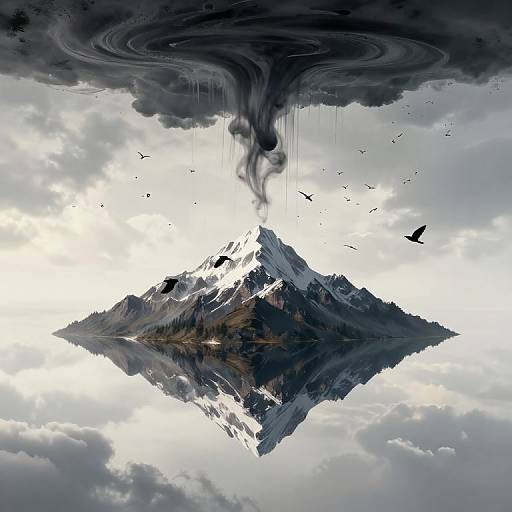 Digital artwork of a snow-capped mountain floating in the sky, surrounded by birds, with a swirling, dark cloud above.