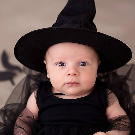 Photograph of a fair-skinned baby with blue eyes, wearing a black witch hat and dress with sheer sleeves, looking up.