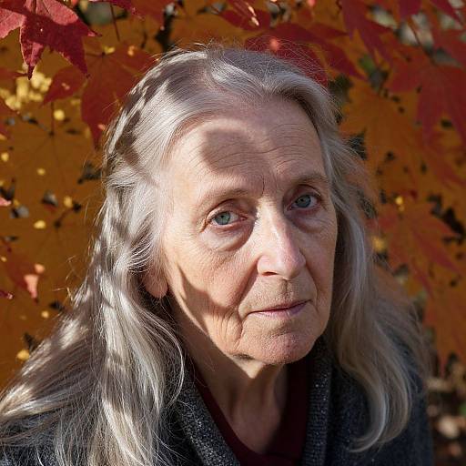 Photograph of an elderly woman with long, silver hair, blue eyes, and wrinkled skin, standing against a backdrop of vibrant autumn leaves in red