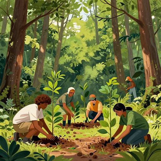 Digital illustration of five diverse individuals planting young trees in a lush, sunlit forest. They wear casual clothes, bending over, surrounded by tall trees and