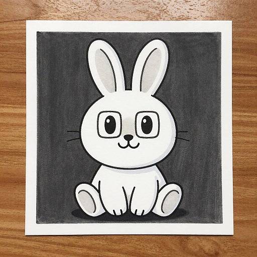 Digital drawing of a white, cartoon bunny with large eyes, sitting on a dark blue textured background, framed by a white border on a wooden surface.