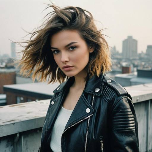 Young Woman with Shaggy Layers Hairstyle on Rooftop