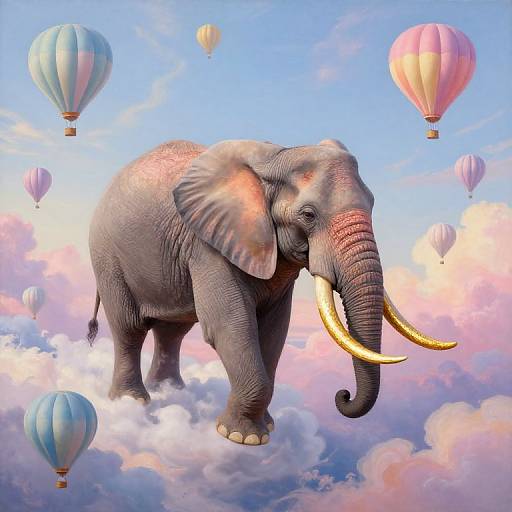Digital artwork of a majestic elephant with golden tusks floating among colorful balloons in a dreamy, cloud-filled blue sky.