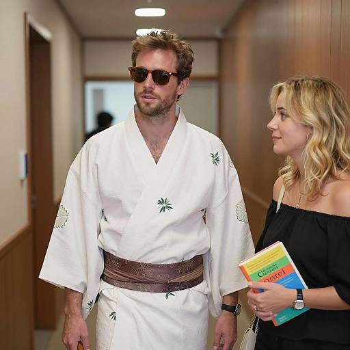 Man in Kimono and Woman with Book in Corridor