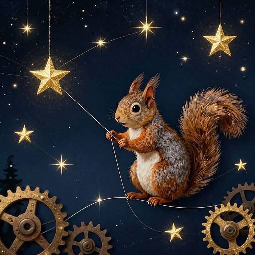 Photorealistic digital art of a red squirrel with bushy tail, hanging by thread, connecting stars to gears, against a night sky.