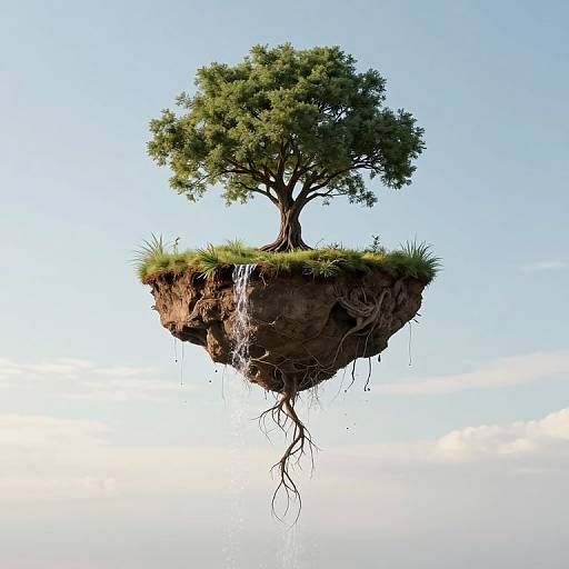Floating island with a single green tree, grass, and a small waterfall, roots dangling, against a clear blue sky. Digital artwork.