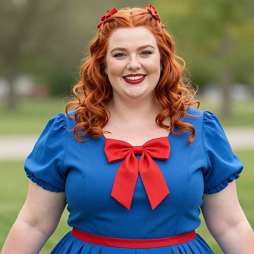 Photograph of a smiling red-haired woman with curly hair, wearing a blue dress with red bow and red belt, standing outdoors.