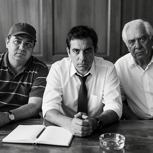 Serious Meeting of Three Men at Wooden Table