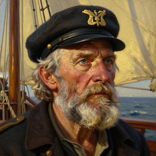 Digital painting of an elderly, white-bearded sailor with a stern expression, wearing a black naval cap with a gold emblem, against a sunny seascape