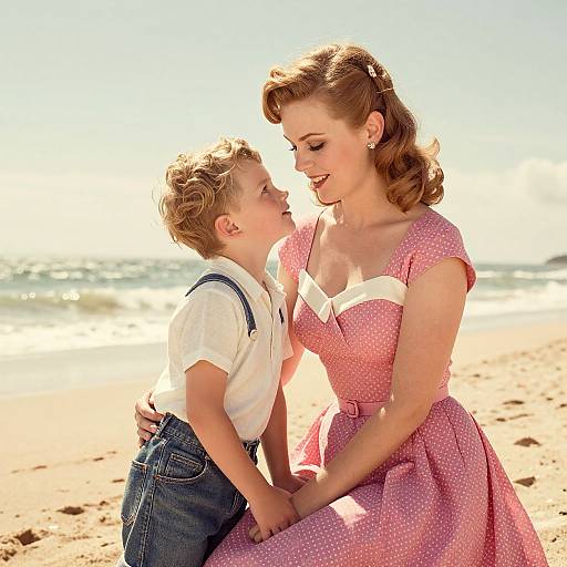 Vintage photograph of a smiling woman in a pink polka dot dress and a blonde boy in white shirt and blue overalls, holding hands on a sunny