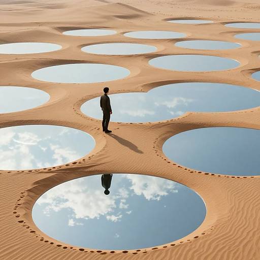 Silhouetted figure stands in desert with circular reflective pools, mirroring cloudy sky; sand ripples surround with scattered footprints. Photorealistic