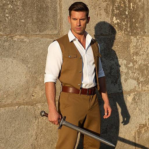 Photorealistic digital artwork of a muscular man with short brown hair, wearing a white shirt and brown vest, holding a sword against a textured stone wall