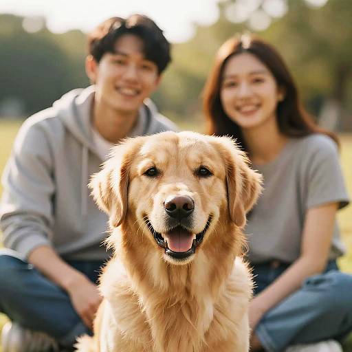 Photograph of a smiling golden retriever in the foreground, with an Asian couple in casual clothes smiling in the background, sitting outdoors on a sunny day