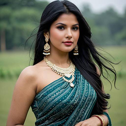 Indian Woman in Green Saree with Gold Jewelry