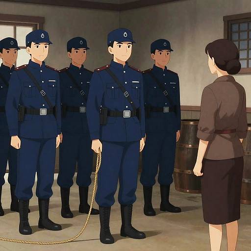 Soldiers in Blue Uniforms in Dim Room