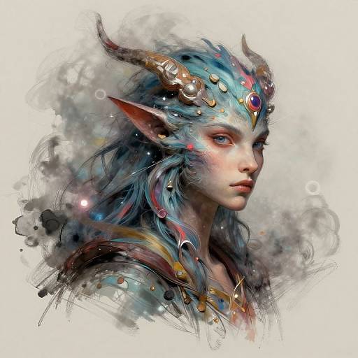Digital painting of an ethereal, blue-haired elf with pointed ears, golden horns, and a jeweled forehead piece, set against a swirling gray and