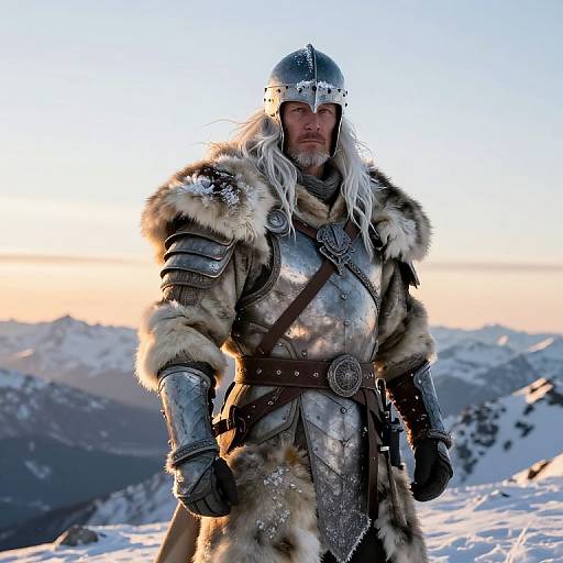 Photorealistic image of a rugged Viking warrior in silver armor, fur-lined cloak, and helmet, standing in a snowy mountain landscape at sunset.