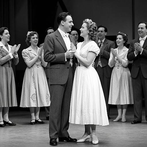 Black-and-white photograph of a 1940s-style dance couple in formal attire, with a chorus line of women in dresses and men in suits cl