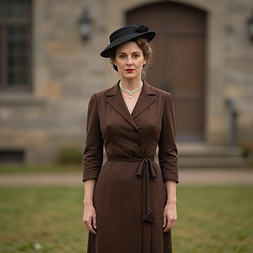 Photograph of a fair-skinned woman with red lipstick, wearing a dark brown, belted dress, black hat, and pearl necklace, standing in