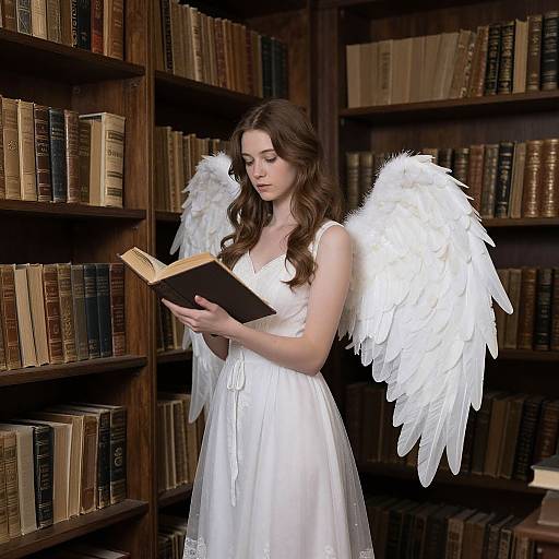 Photograph of a young woman with long brown hair, white angel wings, and a white dress, reading a book in a dimly lit library with