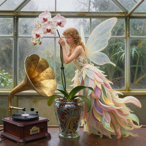 Photorealistic painting of a fairy with translucent wings, pastel dress, and curly blonde hair, tending an orchid beside vintage gramophone and