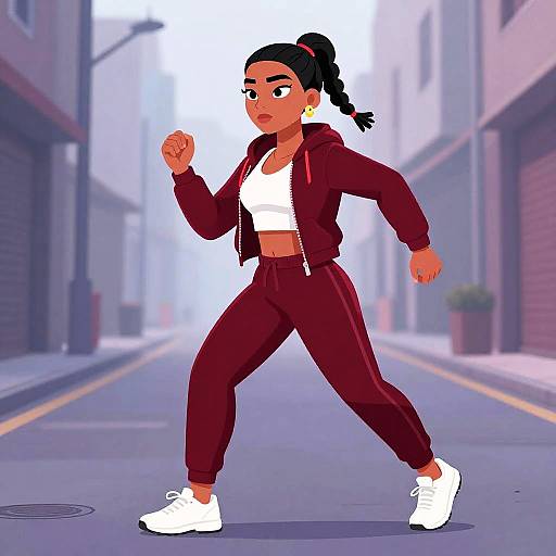 Lean Female Sprinter in Red Tracksuit Running