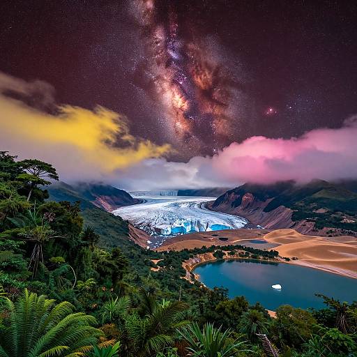 Photorealistic digital artwork of a nighttime tropical landscape with a glowing glacier, Milky Way, colorful clouds, dense greenery, and a serene blue lake