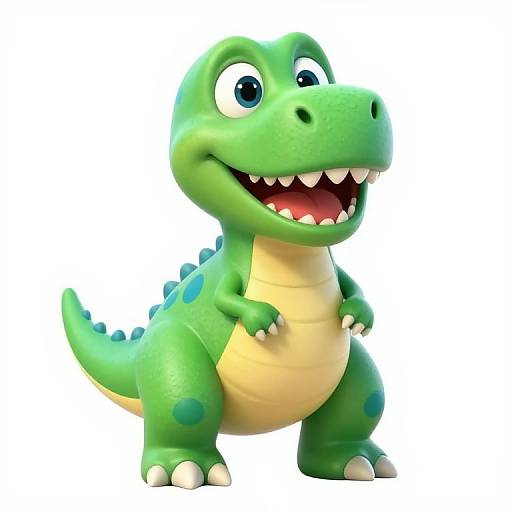 Cartoon-style CGI green dinosaur with large eyes, wide open mouth showing sharp teeth, beige belly, and blue spots, standing excitedly.