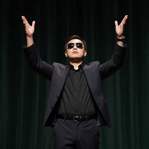 Man in Dark Suit Raising Arms on Stage