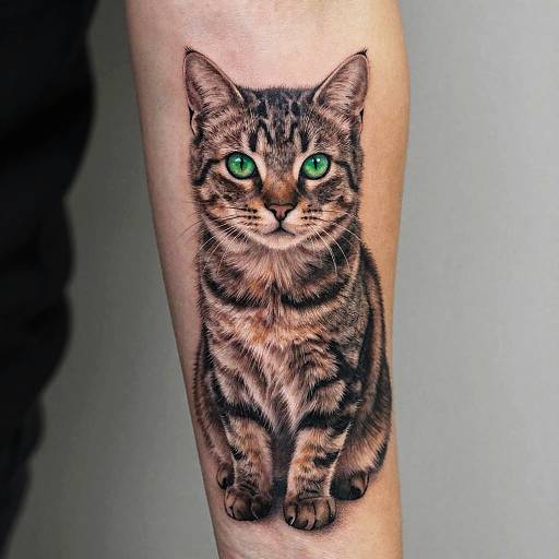 Realistic tattoo of a tabby cat with vivid green eyes on a person's forearm, showcasing detailed fur and shading.