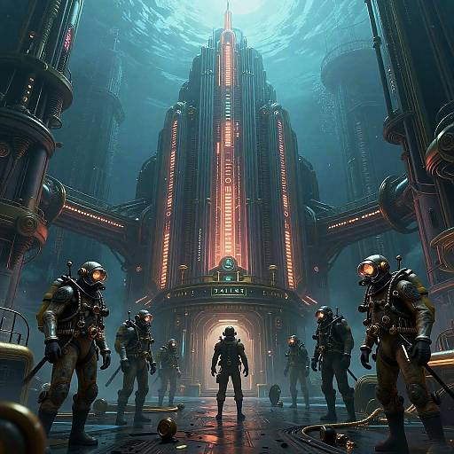 Sci-fi digital art: A group of armored, helmeted soldiers stand in a futuristic, towering, neon-lit cathedral-like structure with a glowing blue