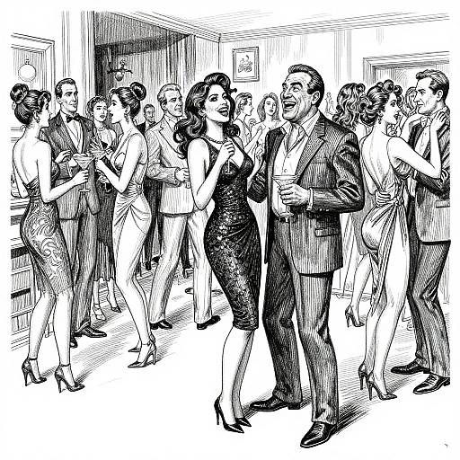Crowded Cocktail Party Ink Drawing