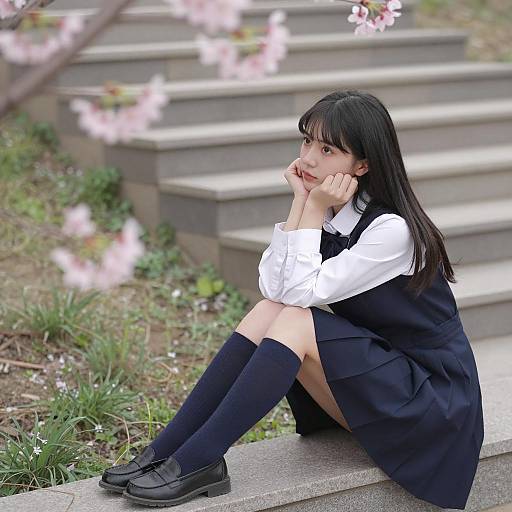 Asian Student Girl Sitting by Cherry Blossoms