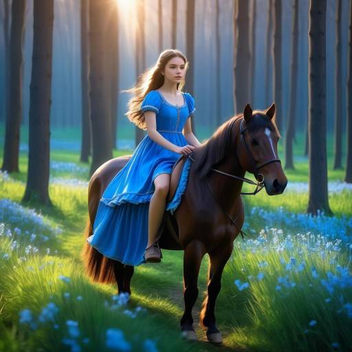 Young Woman in Blue Dress Riding Horse in Forest