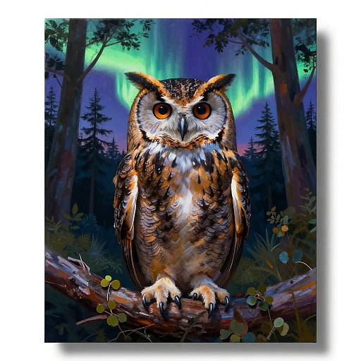Digital painting of a detailed, brown and white owl with striking orange eyes, perched on a branch in a dark forest, illuminated by vibrant green aur