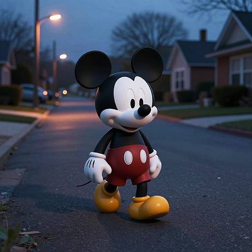 Photograph of Mickey Mouse standing on a suburban street at dusk, illuminated by streetlights, with blurred houses and trees in the background.