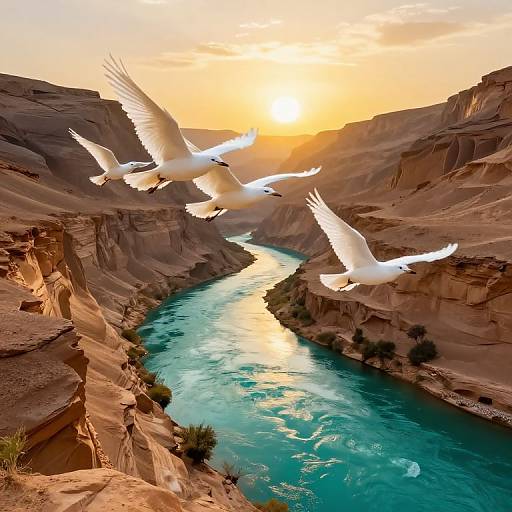 Photograph of three white birds flying over a turquoise river winding through a sunlit, rocky canyon at sunset.