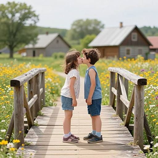 Photograph of a young boy and girl, kissing on a wooden bridge in a sunny meadow with yellow wildflowers and rustic houses in the background.