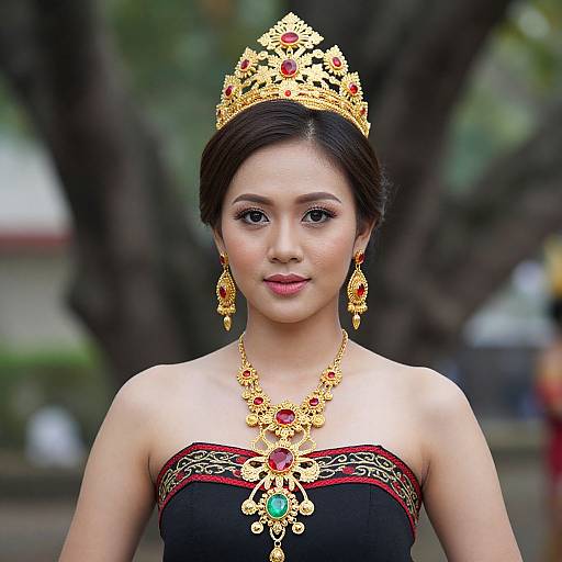 Photograph of an Asian woman with fair skin, black hair in a bun, wearing an ornate gold crown, matching jewelry, and a black strap
