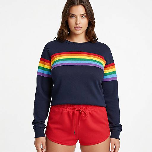 Photograph of a brunette woman with fair skin wearing a navy sweater with rainbow stripes and red shorts, standing against a white background.